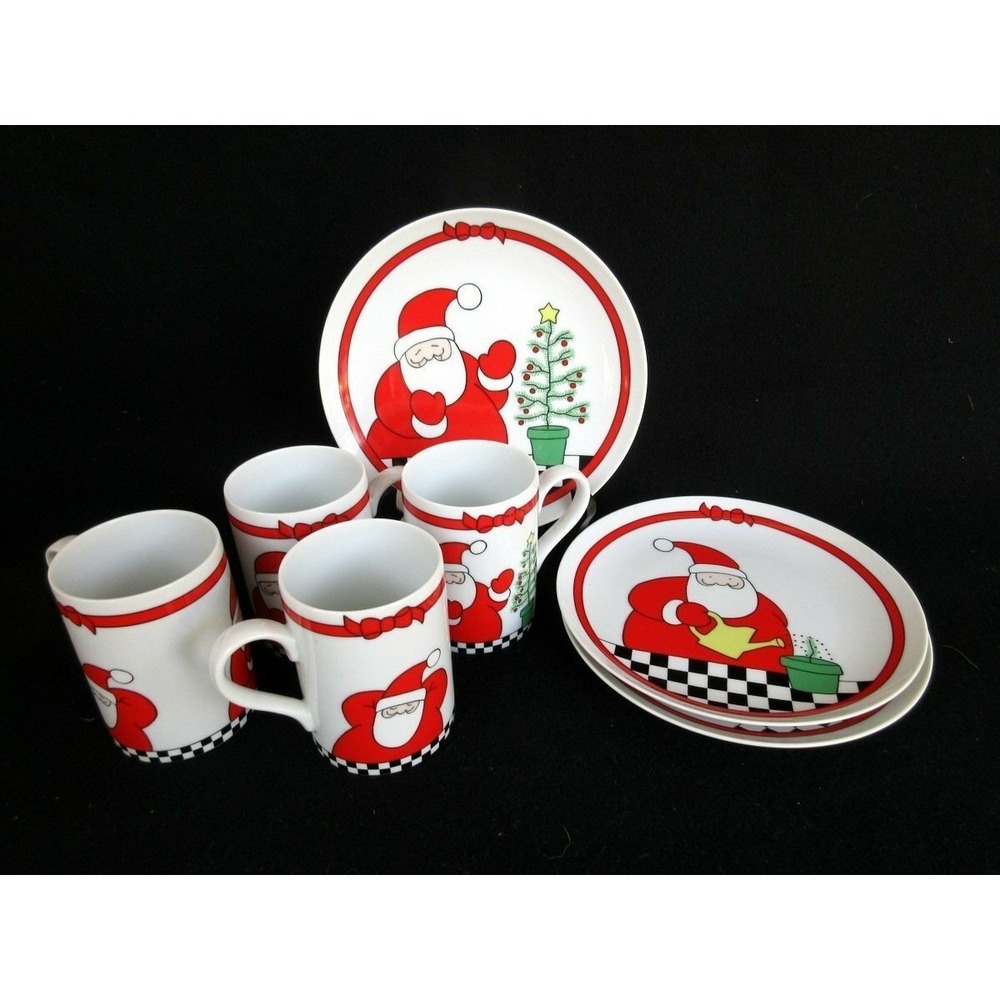 Fitz‎ and Floyd Santa Grows a Tree Porcelain Mug and Plate Set 7 Piece Christmas